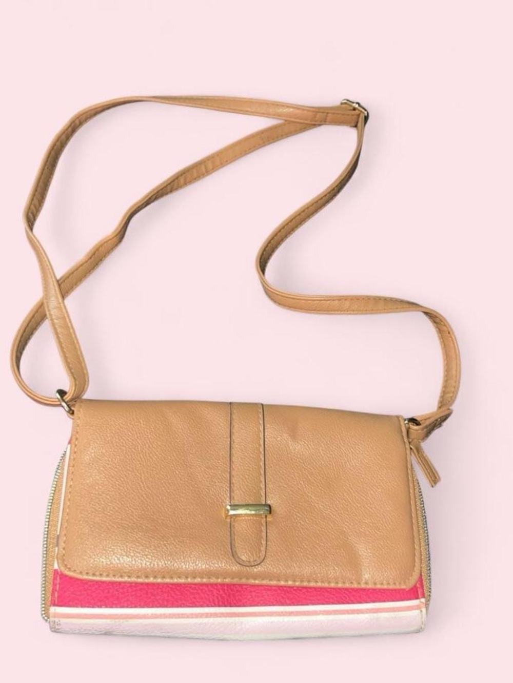 Leather Crossbody Bag in Tan with Pink Accent